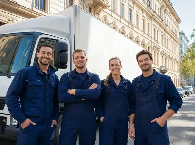 Entrümpelung Wien – Team und LKW vor Wohngebäude